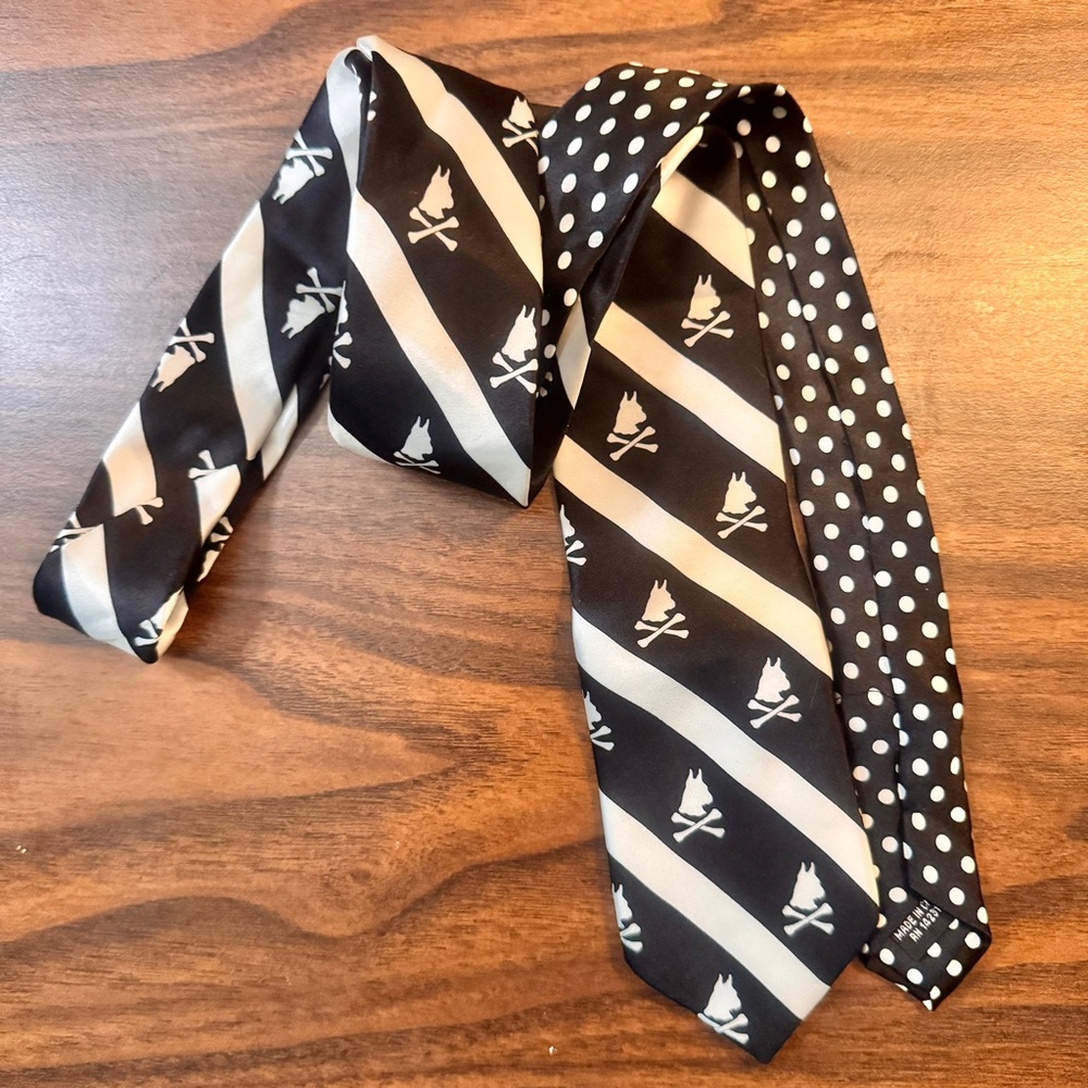 Black and White Silk Tie with Stripes and Polka Dots by Nick Graham.
